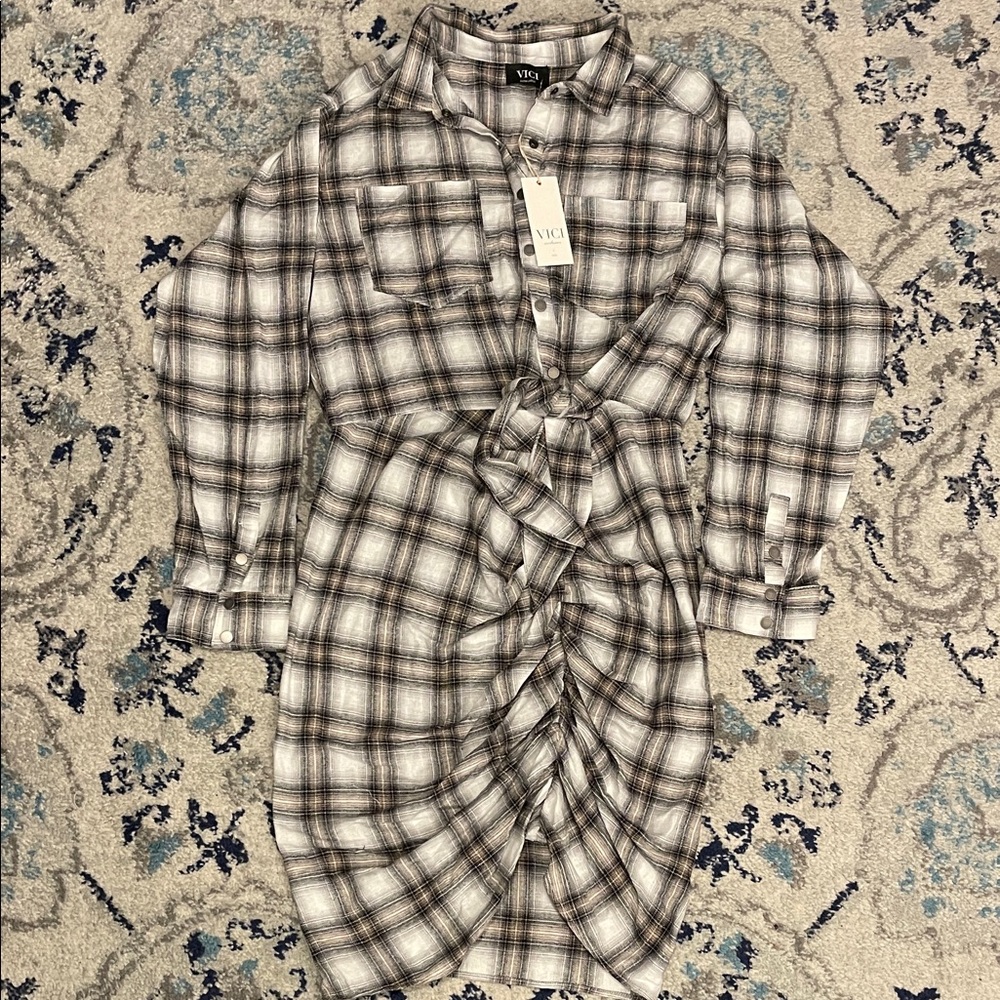 Plaid Tie-Front Shirt Dress
